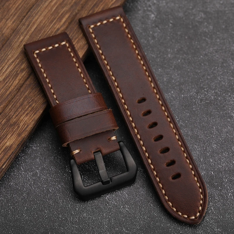 Handmade Holvin Cowhide Strap 20MM 22MM 24MM 26MM Foldable Brown Rough Wind Thick Genuine Leather Bracelet