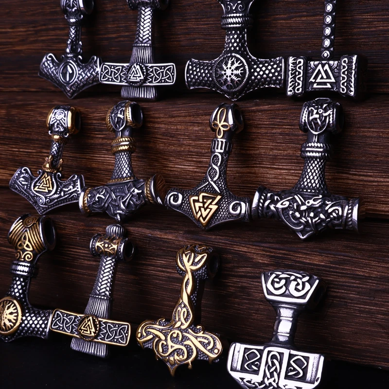 Multi Style Beaded Viking Thor's Hammer Pendant Necklace Stainless Steel Necklace Men Biker Mjolnir Amulet Jewelry Dropshipping