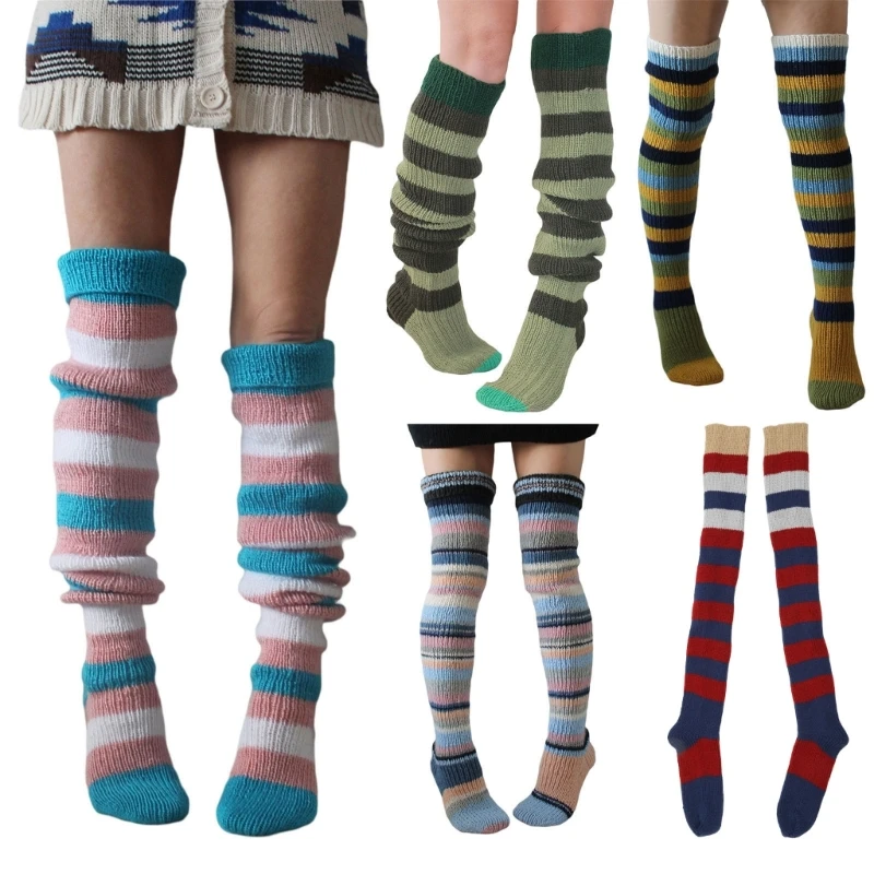 Womens Winter Slouch Leg Warmers Colorful Striped Knitted Thigh High Long Socks