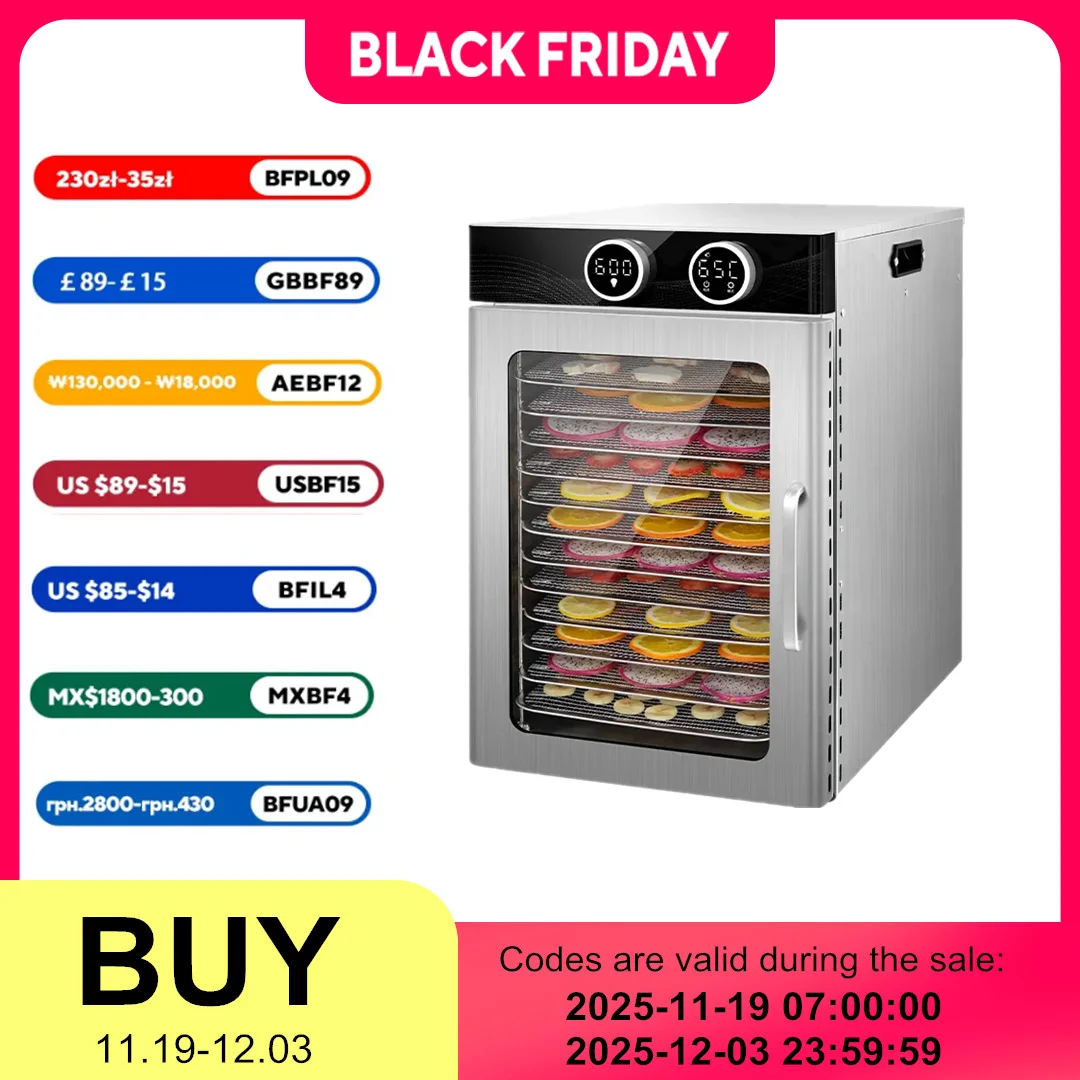

12-Layer Food Dryer Machine with Dual Knob Controls | Stainless Steel Trays & Base | 48H Timer, 30°C-90°C Adjustable | for Home/