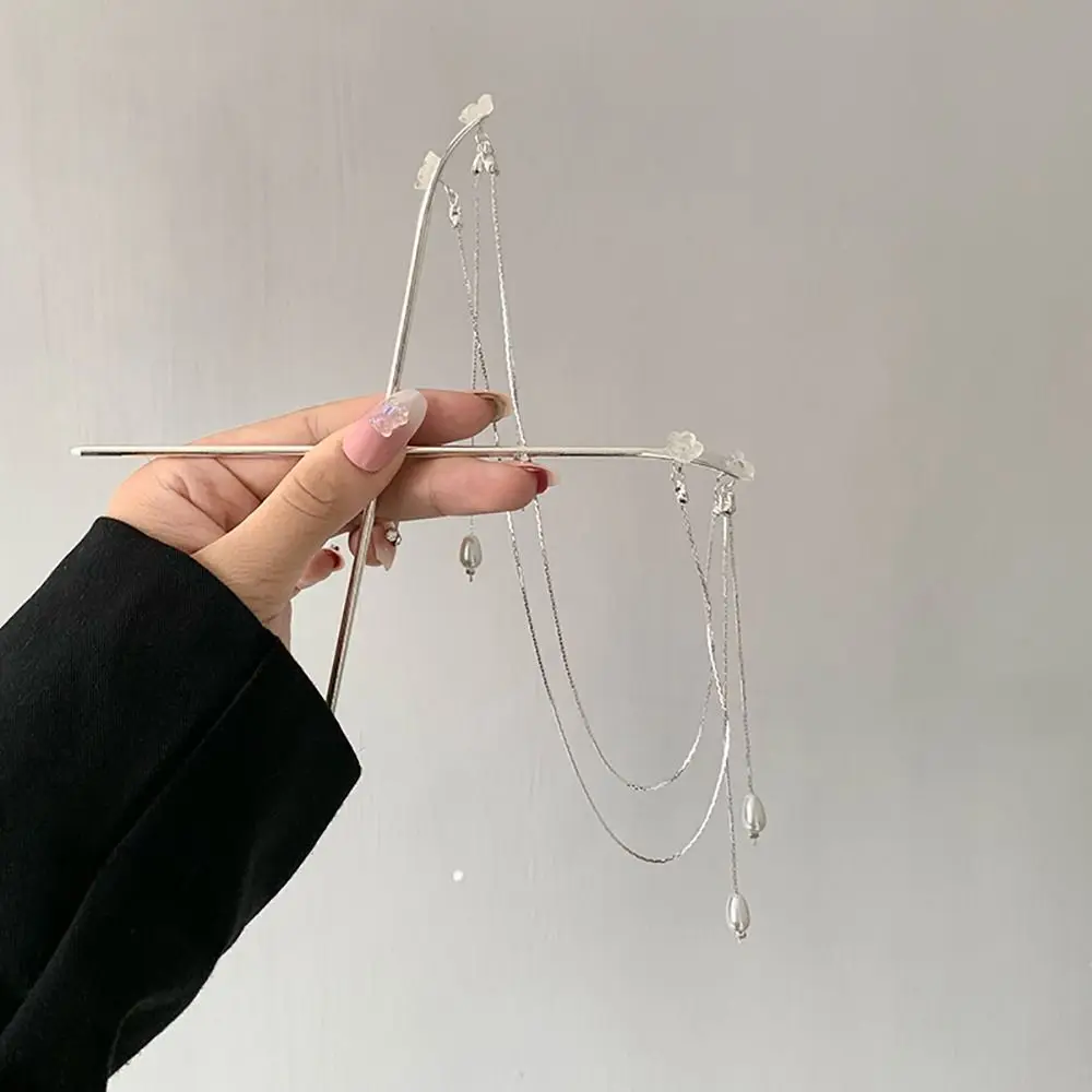 Hair Insert Fan Flower Pearls Ponytail Holder Hair Accessories Hair Fork Chinese Style Hairpins Double Tassel Hair Stick