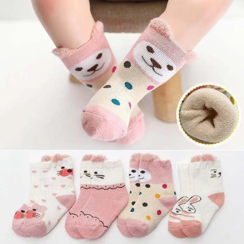 4pair/set Cartoon Animal Panda Fox Cat Winter Warm Baby Thicken Looped Cotton Socks for 0-3Y Infant Kids Warm Mid Tube Socks