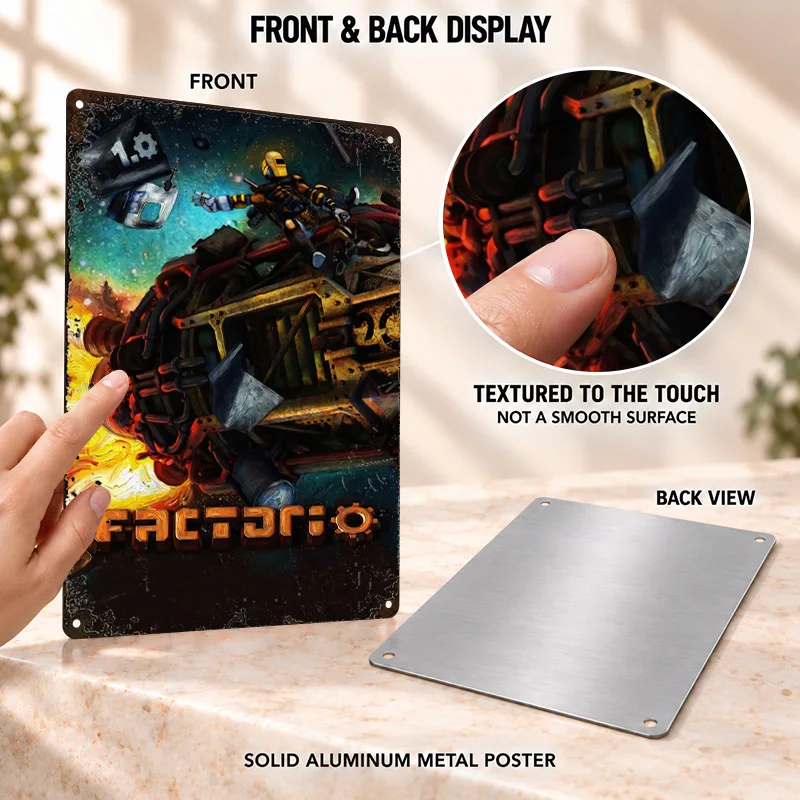 Factorio Printed Posters Arcade Inspired Style Entertainment Room Wall Art Personalized Aluminum Metal Sign Collector Keepsake