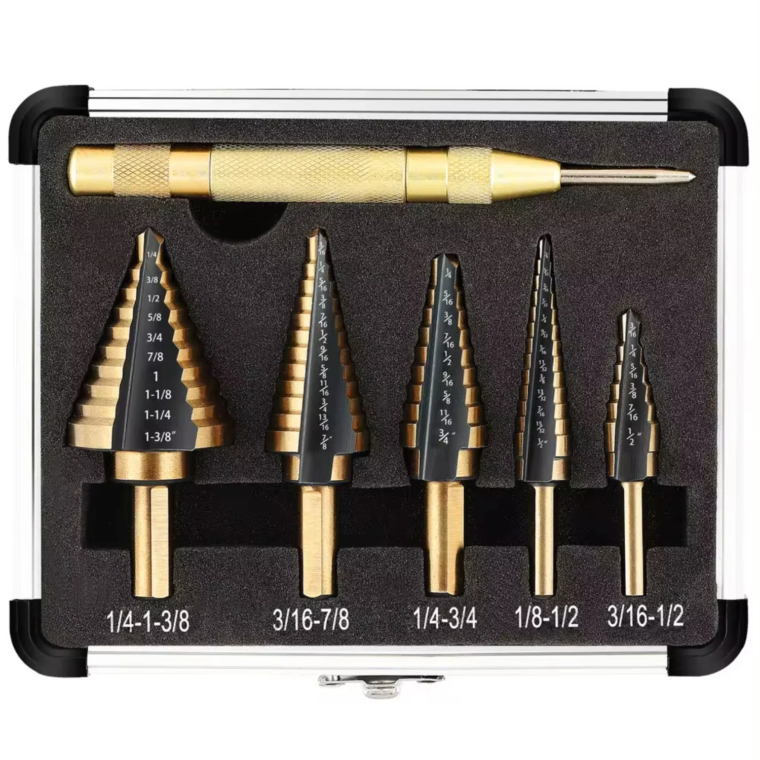 

Step Drill Bit Set 5-Piece -Coated High Speed Steel with Automatic Center Punch Drilling Sheet Metal Step Drill Bit