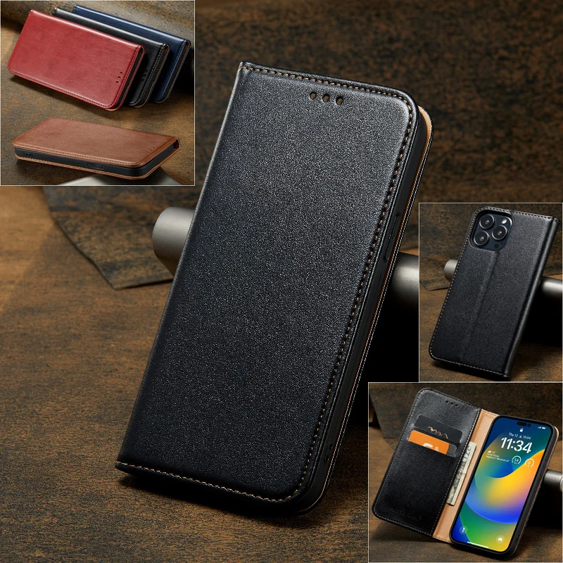 

Magnetic Flip Phone Cover For iPhone 15 14 Plus 13 12 11 Pro 7 8 Plus XR X Xs Max Genuine Leather Protection Wallet Phone Case