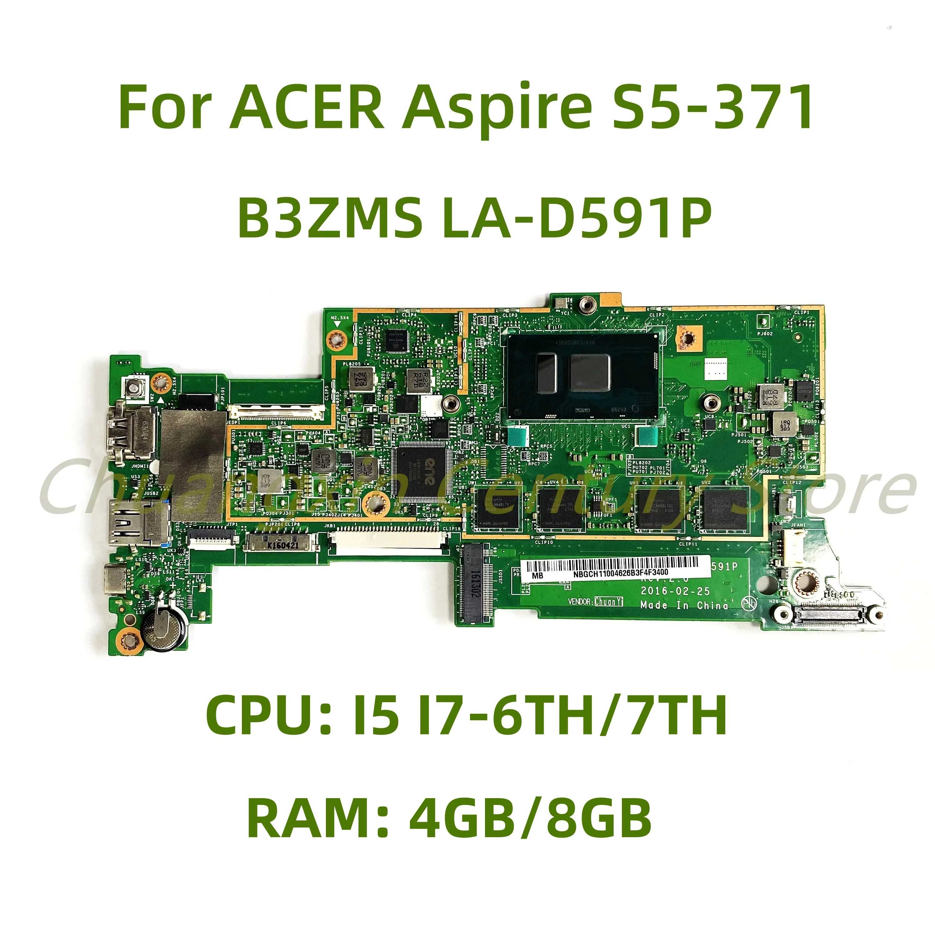 Adequado para placa-mãe de laptop ACER Aspire S5-371 B3ZMS LA-D591P CPU: I5 I7-6TH/7TH RAM: 4GB/8GB 100% testado totalmente funcionando