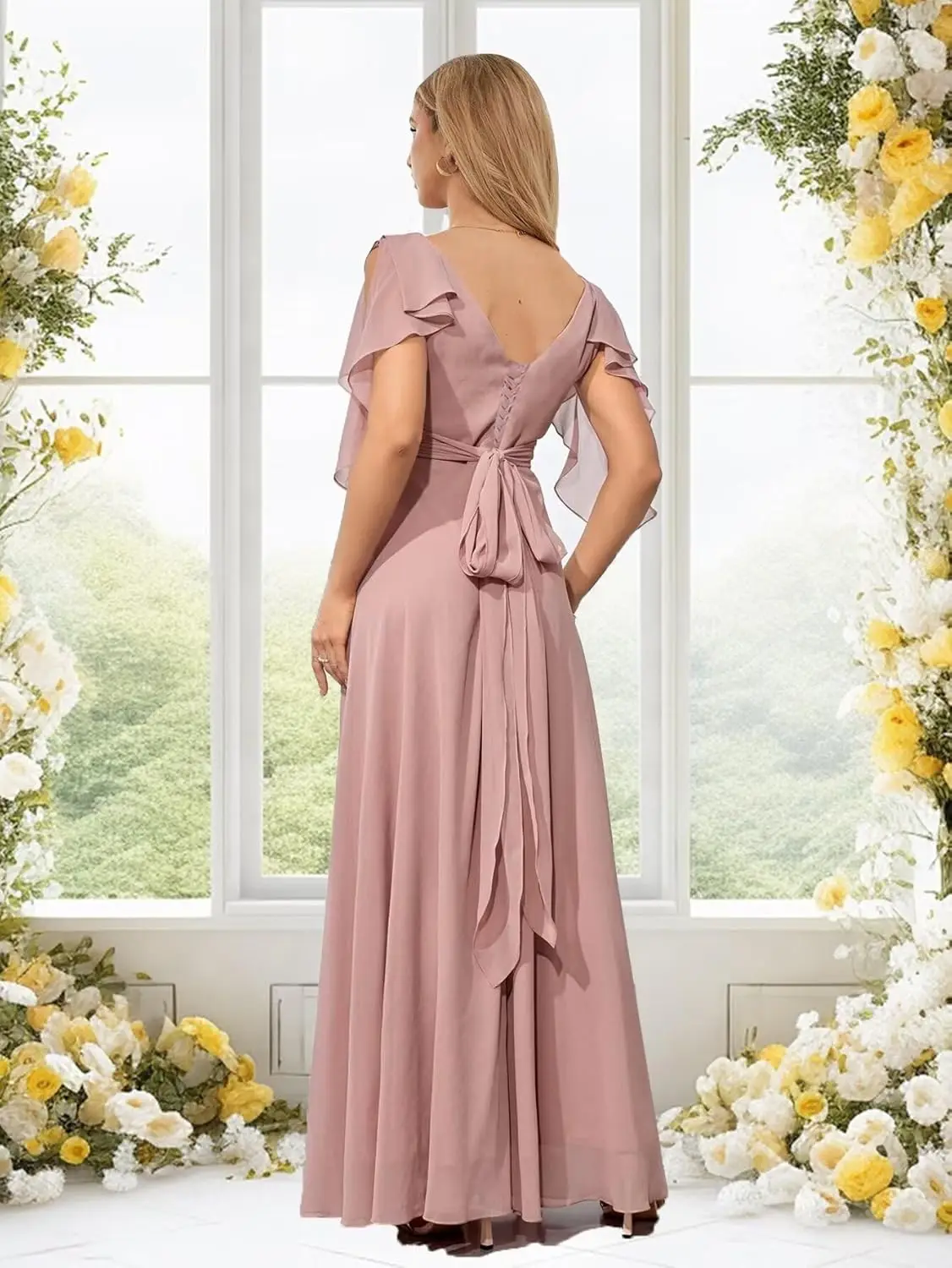 ชุดเพื่อนเจ้าสาวสำหรับผู้หญิง ชุดราตรีคอวีผ้าชีฟองเปิดไหล่ยาว ชุดออกงานกลางคืน ชุดเดรสผู้หญิงหรูหรา