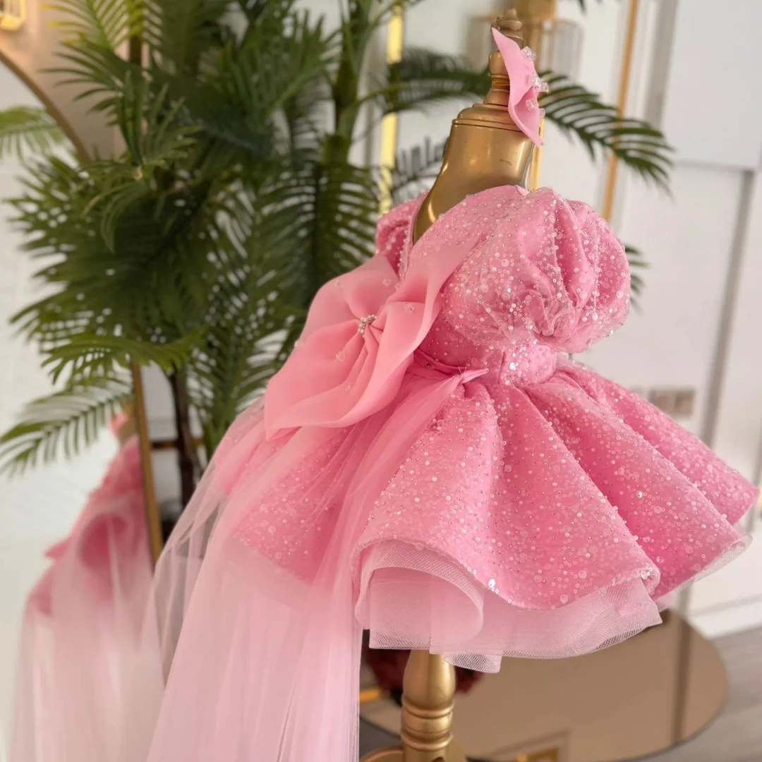 Customized Flower Girl Dress Pink Sequin Tulle Bow And Trailing Short Sleeve For Wedding Birthday Party Prom Banquet Ball Gown