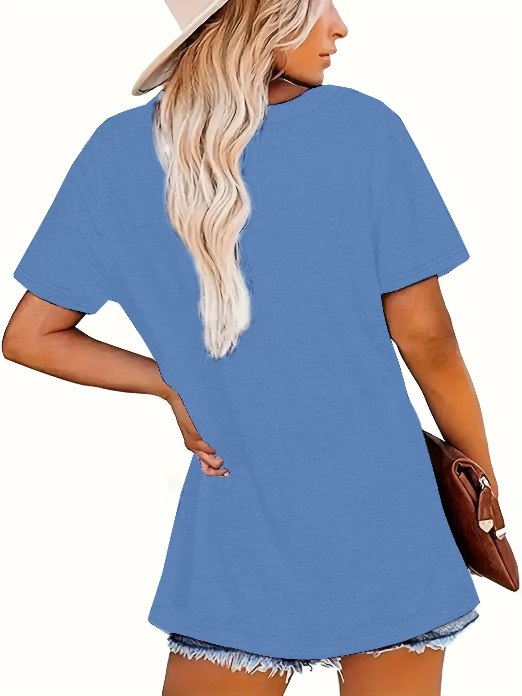 2024 New Plus Size Blue T-shirt Fashion Letter Print Women's Summer Casual Loose Comfortable Top