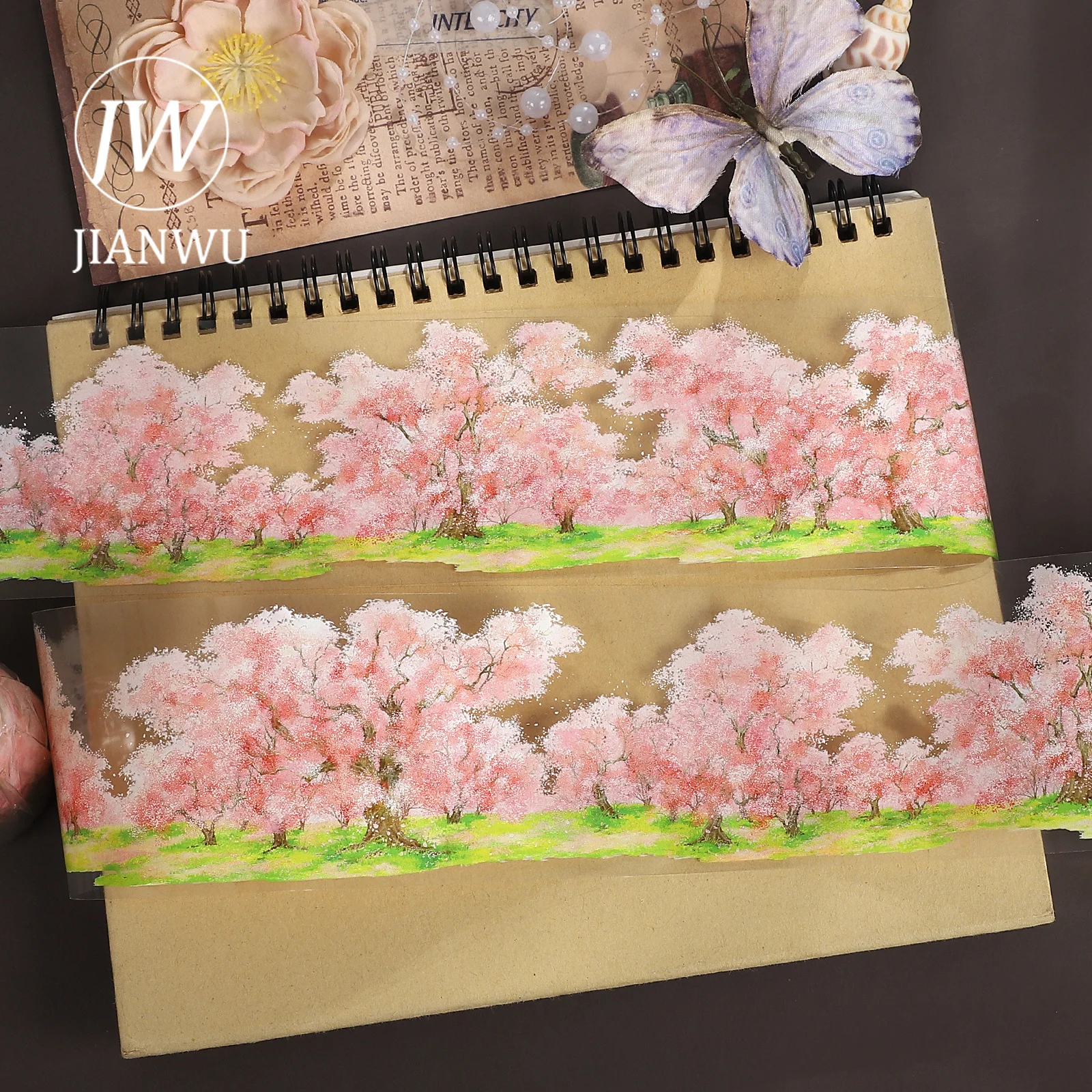 JIANWU 65mm*5m Vintage Peach Blossom Tree Plant Landscape Material Collage Scrapbooking PET Tape Creative DIY Journal Stationery