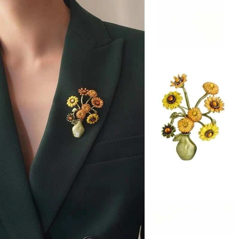 Creative Design Enamel Van Gogh Sunflower Yellow Vase Brooch For Women's Party Accessories