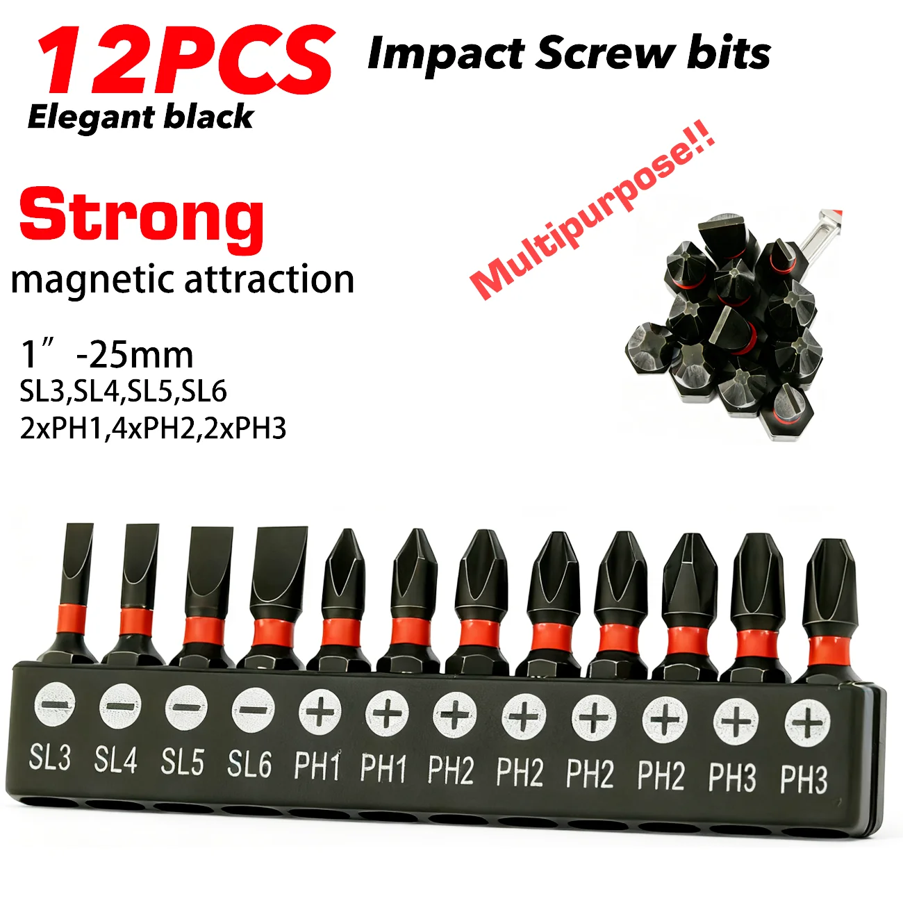 12-Piece Set of Phillips and Flathead Impact Bits, 25mm Long, Magnetic Bits, S2 Steel Electric Screwdriver Bits with Storage Holder, Suitable for Electric Drills/Homemade DIY (Self-Repair and Crafts)/Mechanical Repairs/Electronic Device Installation/Furniture Assembly