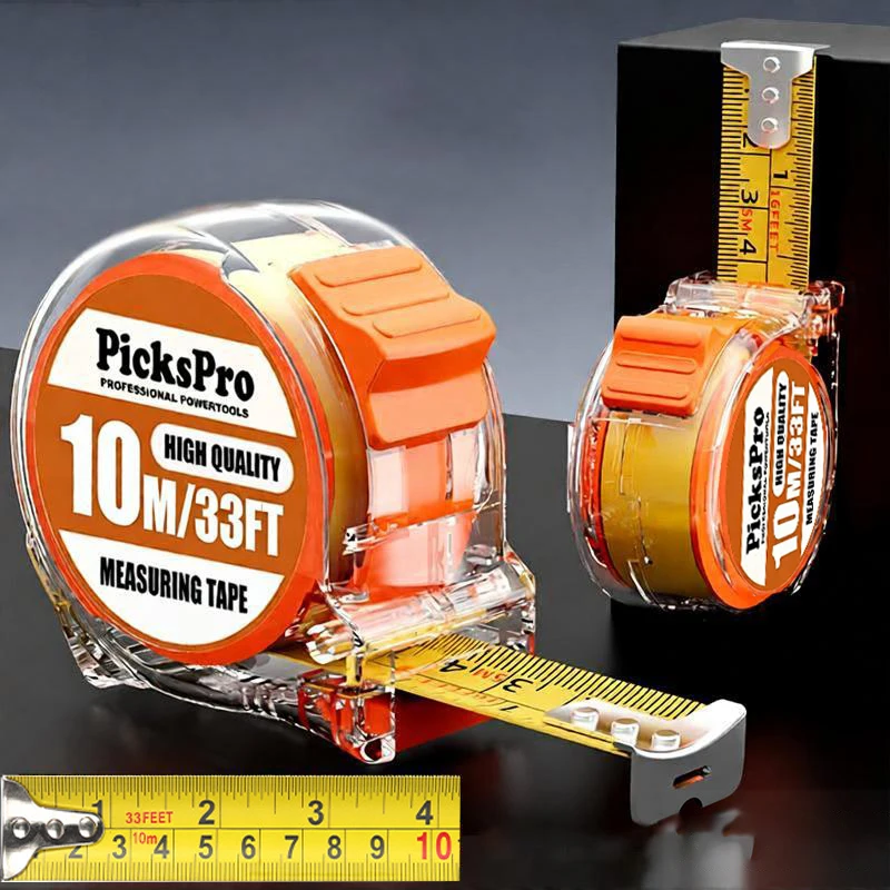Transparent Steel Retractable Measuring Tape Measure by Imperial Inch Metric Scale, 3M/10ft, 5M/16ft, 7.5M/25ft & 10M/33ft