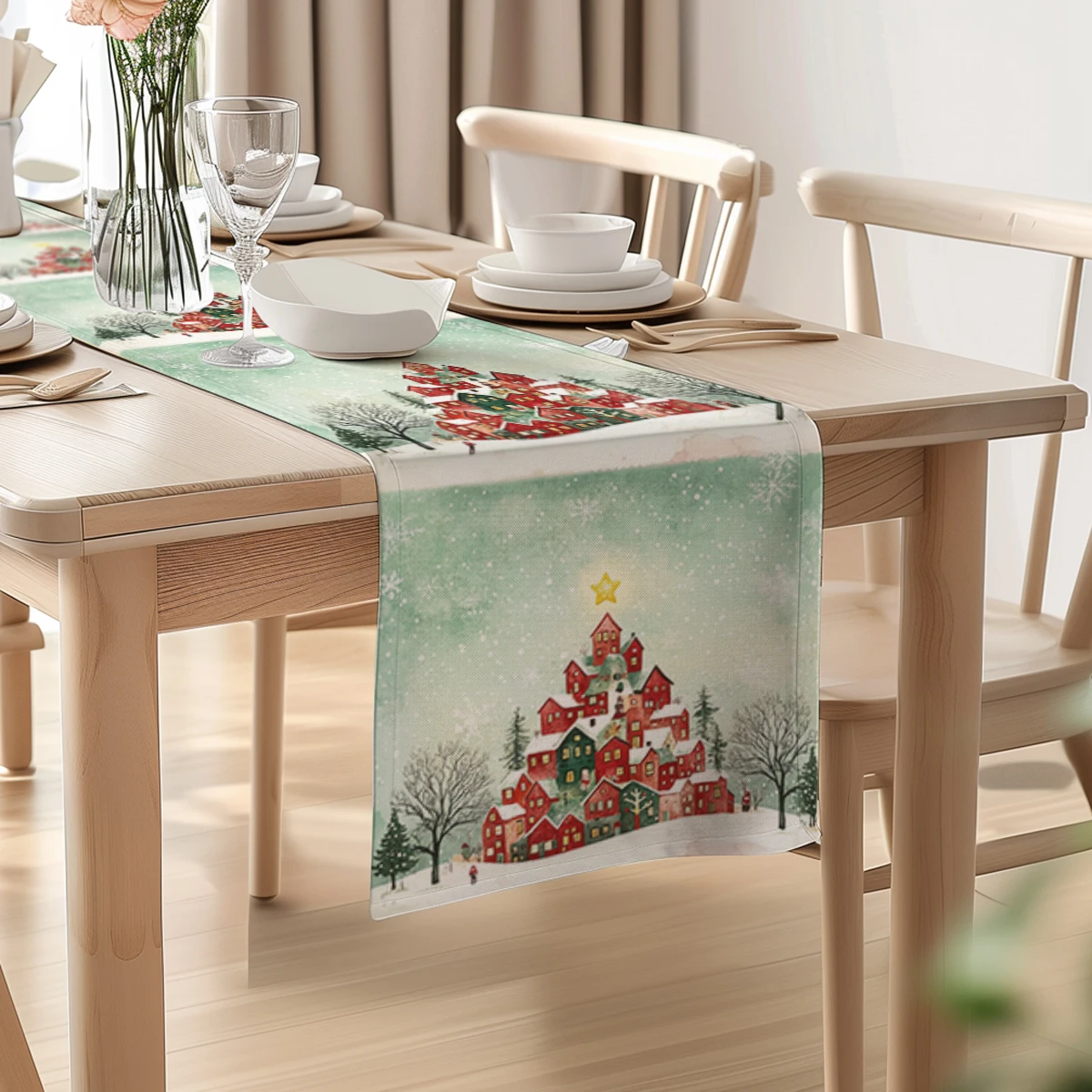 Christmas Cottage Christmas Tree Table Runners Kitchen Table Decoration Washable Dining Table Runner Wedding Party Decorations