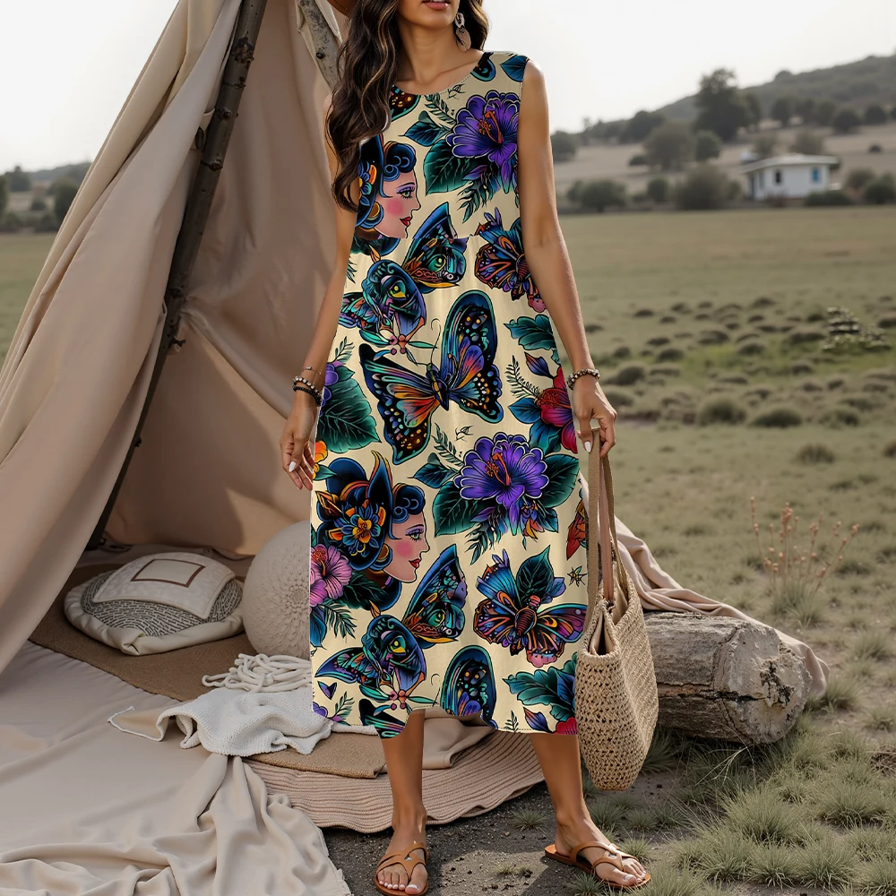 فستان نسائي جديد موديل 2025 بدون أكمام بنمط أوراق الزهور ملابس نسائية بدون أكمام تنورة طويلة