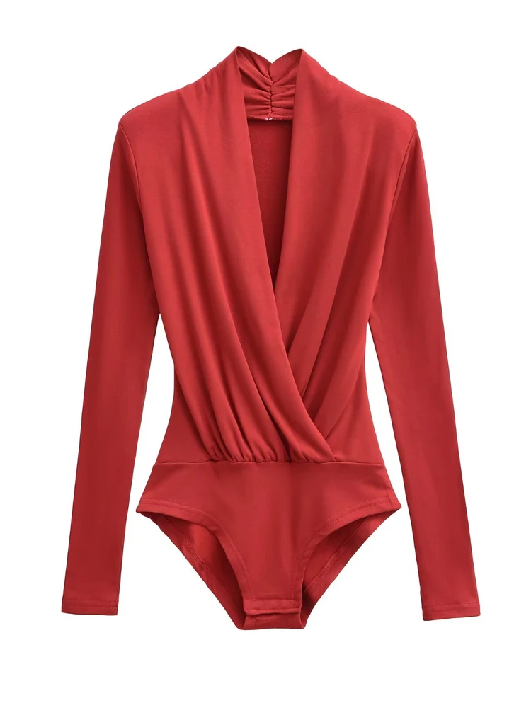 섹시한 스트레치 순수한 매력 매혹적인 소녀 접이식 브이넥 패드 숄더 긴 소매 원피스 베이스 레이어 탑 가을 겨울용