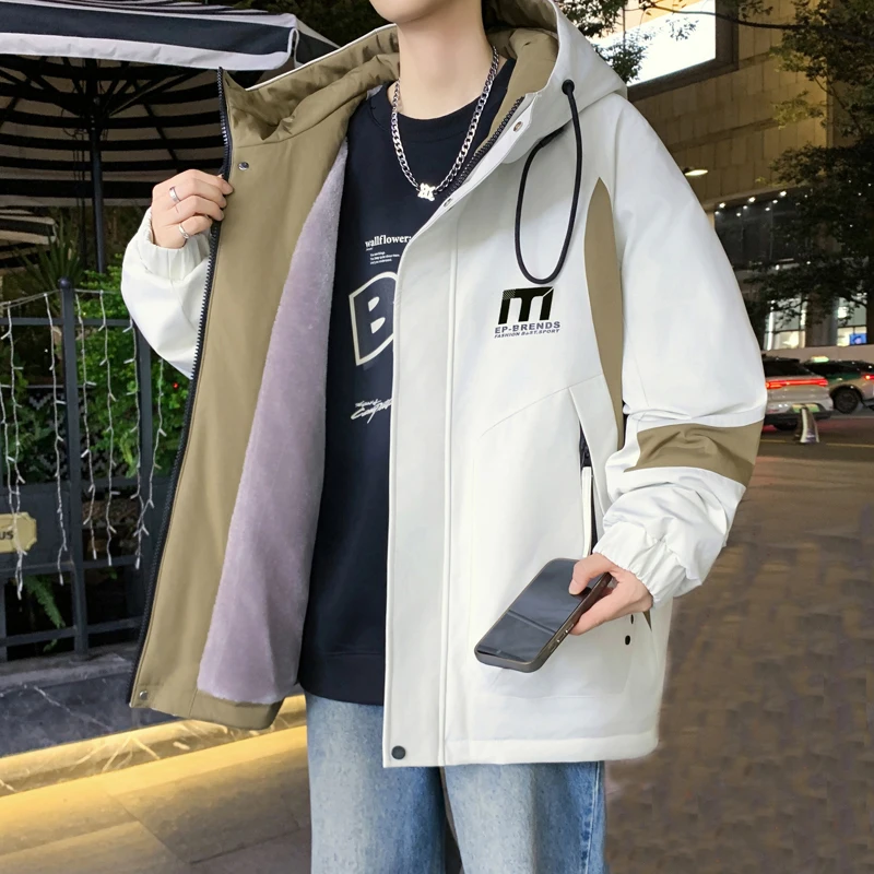 

Casual Men's Thick Hooded Fleece Jackets Fashion 2025 Autumn Winter Youth Top Plush Coats Streetwear Loose Windproof Warm Parkas