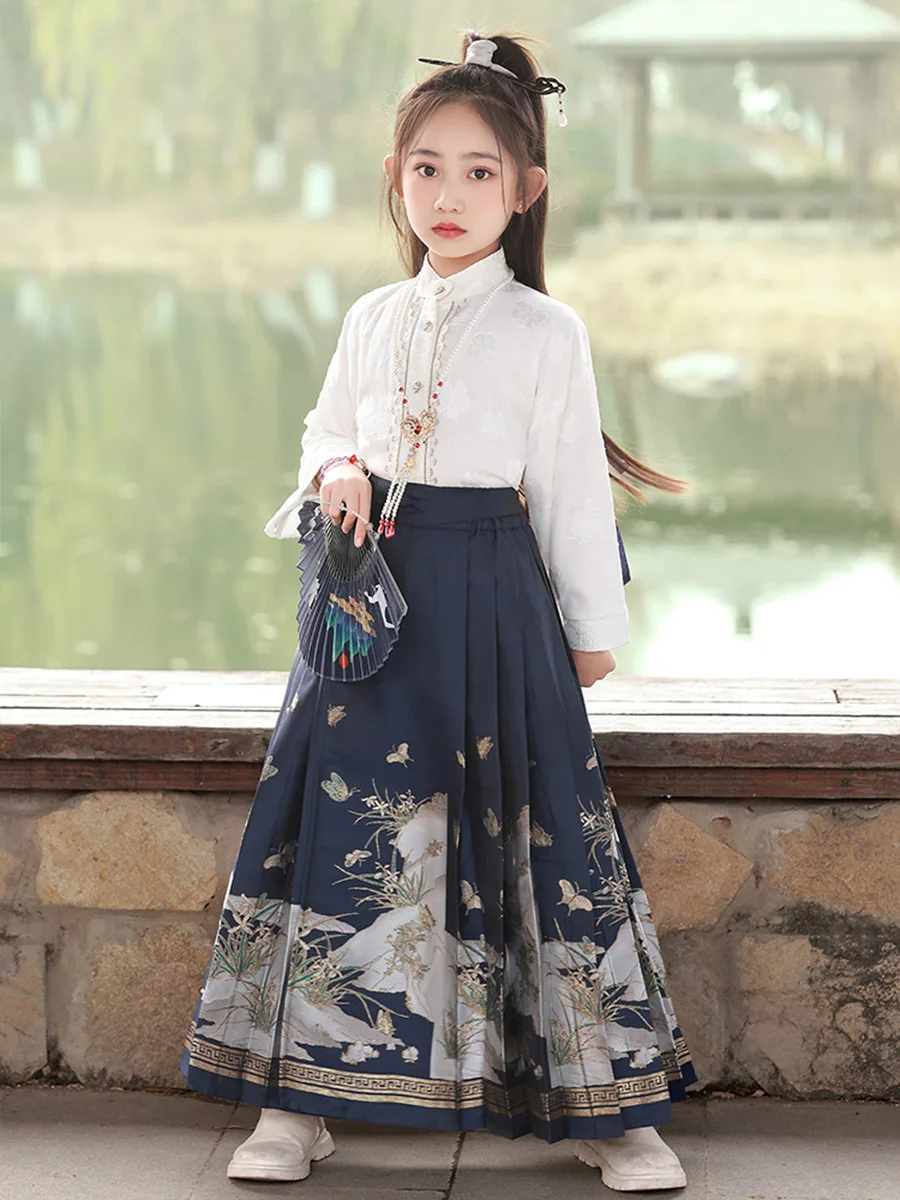 2024 New Arrival Blue Vinatge Ancient Tang Suit Hanfu Cute Girls Horse Face Skirt Sweet Kids Princess Chinese Traditional Dress