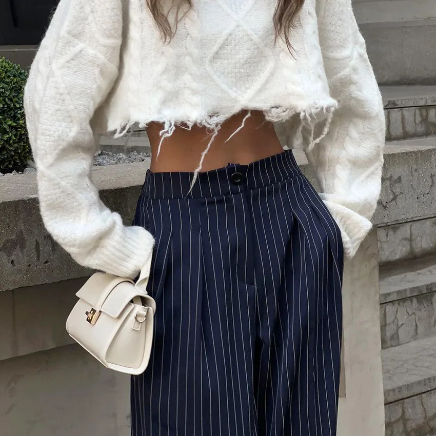 Blue Striped Pants Vintage Comfortable Casual Euro-America Style Autumn Fashion All-match Women Suit Pants