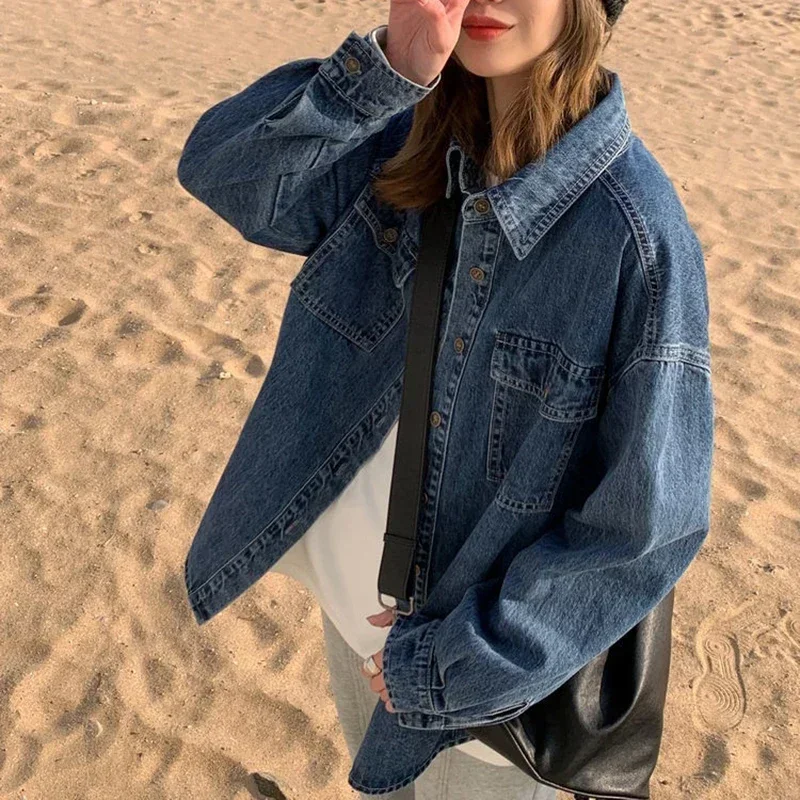 

Vintage Washed Jean Shirt Tops Woman Spring Autumn Single-Breasted Long Sleeve Denim Coat Women Korean Simple Loose Outerwear
