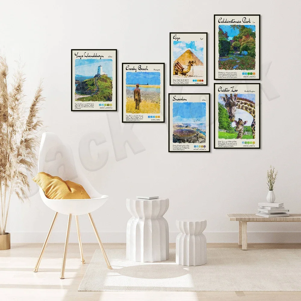 Crosby Beach, Chester Zoo, Warsaw, Calderstone Park Liverpool, Rome, Giza, Mount Snowdon, Stonehenge watercolor travel poster