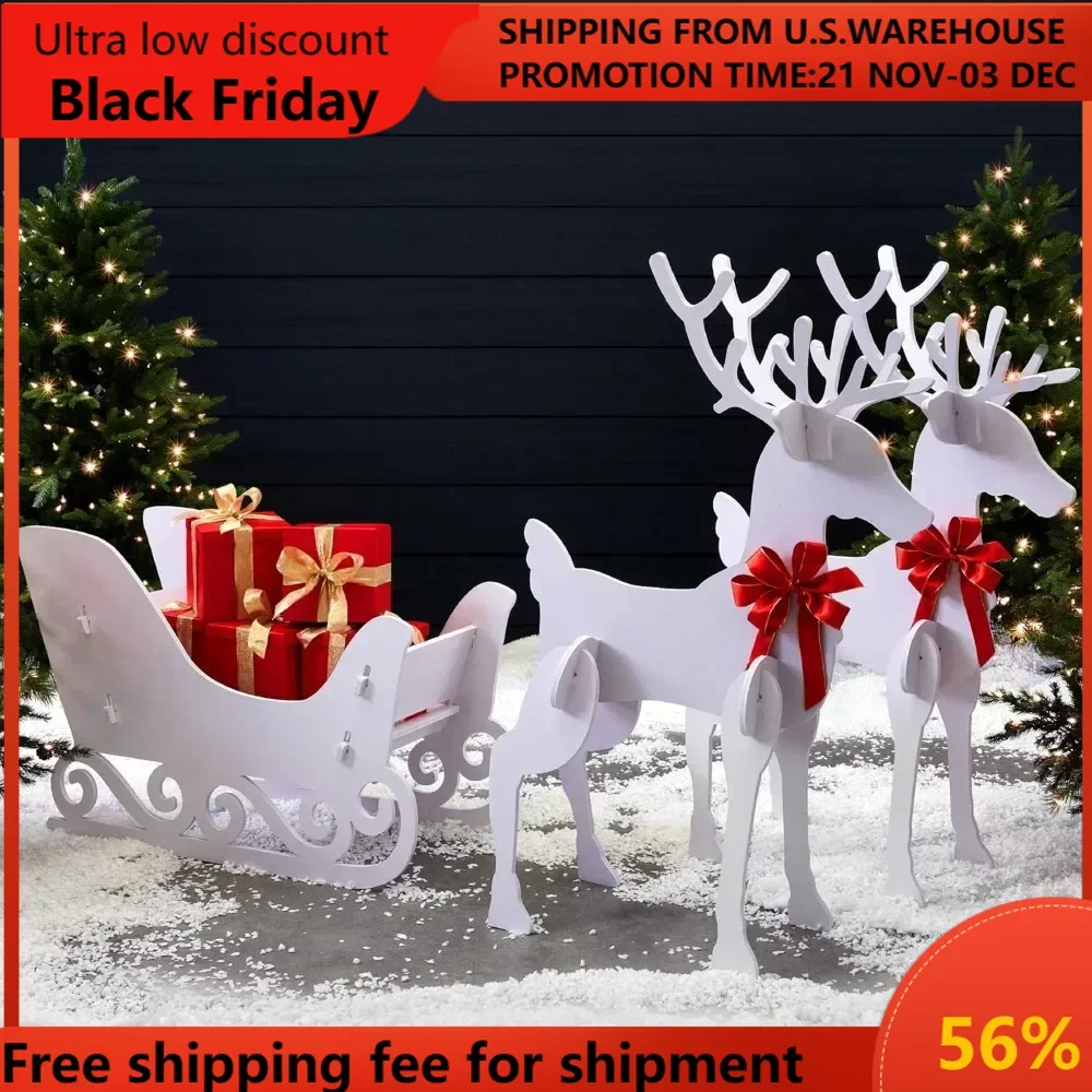 3-Piece 4ft Deer & Sleigh Silhouette Set, Outdoor Christmas Holiday Yard Decoration, Weather-Resistant PVC Halloween Christmas