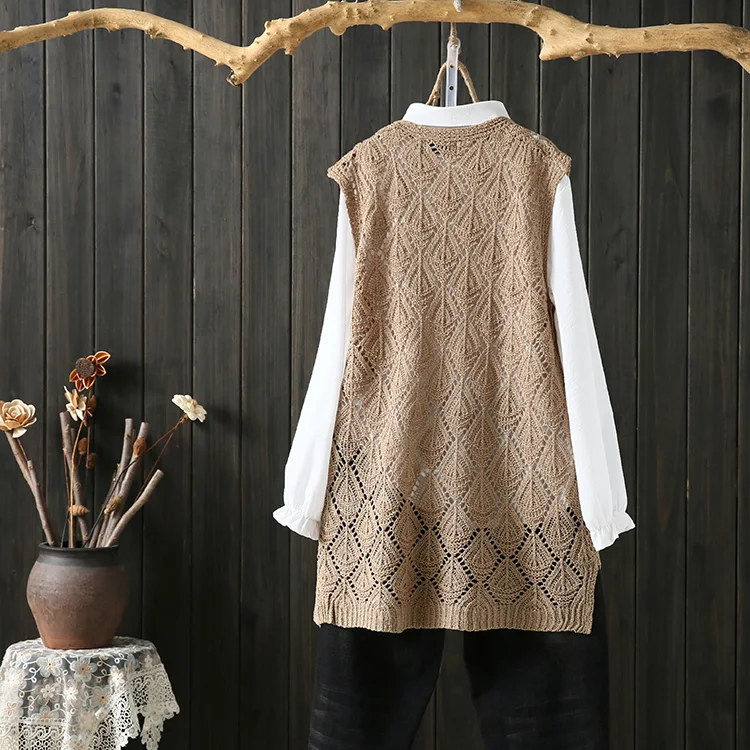 Spring Autumn Women's Knitted Vest Hollow out V-Neck Jacket Cotton Commute  Style Mid-Length Workwear Pure Color - AliExpress