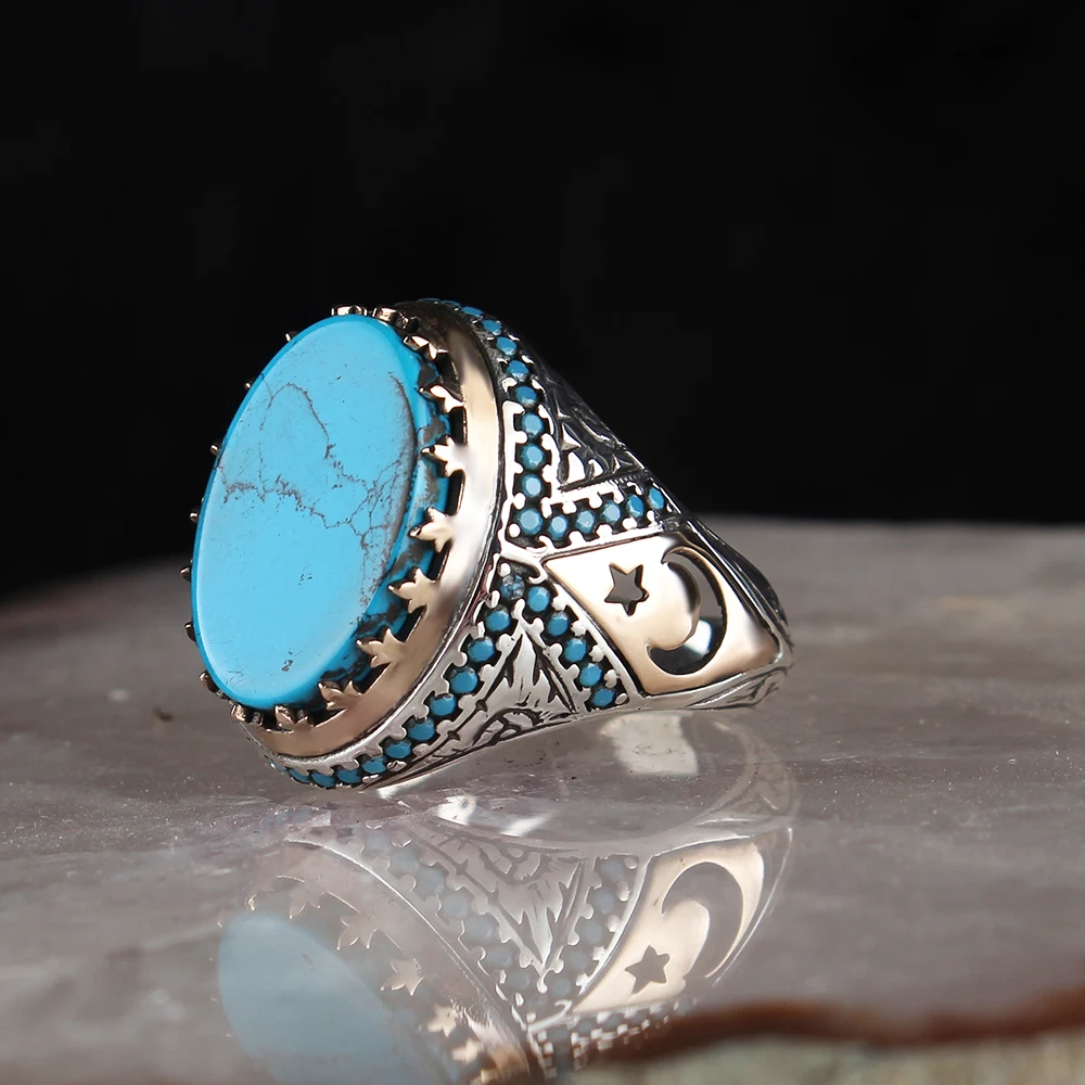 

Ayyıldızlı Turquoise Gemstone 925 Sterling Mens Silver Ring