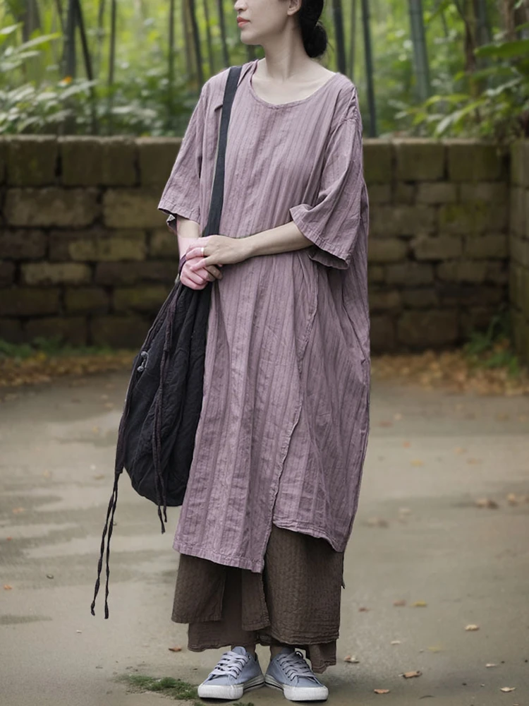 

Women Cotton Linen Casual Dress New Arrival 2025 Summer Vintage Style O-neck Solid Color Loose Female Long Dresses M1444