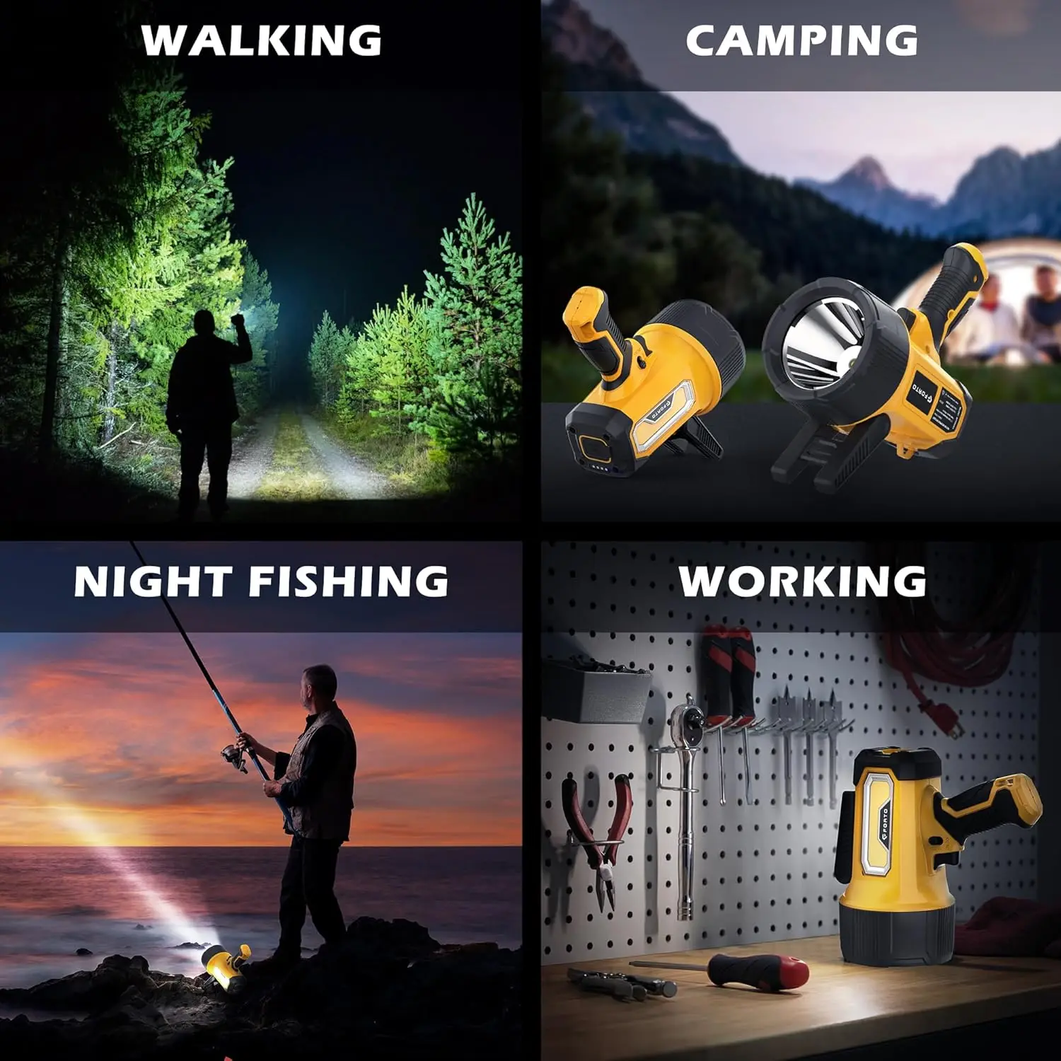 200000 Lumens Rechargeable Spotlight with Foldable Stand, 6 Modes IPX7 Waterproof for Outdoor Activities