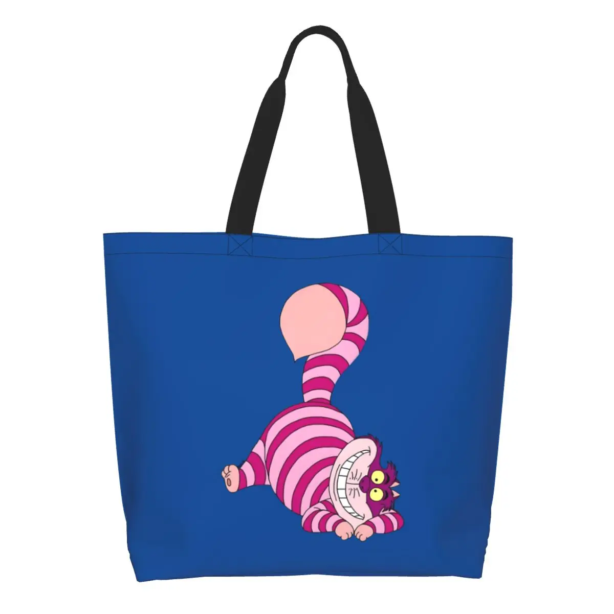 

Custom Cheshire Cat Groceries Shopping Bag Printing Canvas Shopper Shoulder Tote Bag Large Capacity Portable Cute Cat Handbag