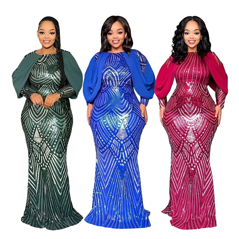 

Plus Size African Party Dresses for Women 2025 Fashion Dashiki Ankara Wedding Evening Gown Elegant Sequin Muslim Maxi Dress