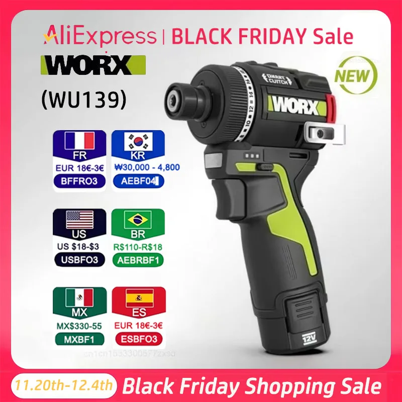 WORX WU139 Brushless Screwdriver Impact Driver Cordless Drill 50N.m 1/4inch Electric Drill 12V Battery Mini Drill Power Tools
