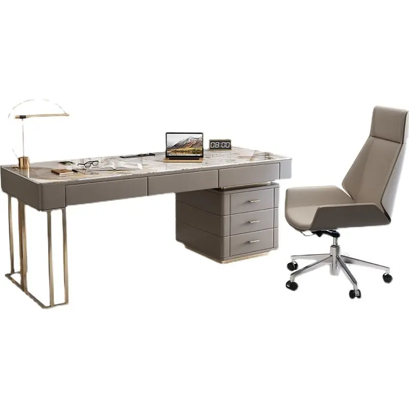 Light luxury rock slab desk, modern simple stainless steel titanium writing desk desk, study home high-end computer desk