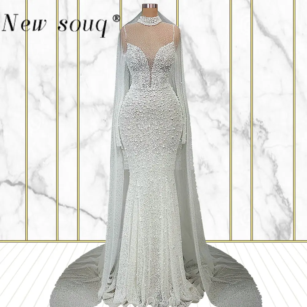 

Luxury Pearls Mermaid Wedding Dresses for Bride Sparkle Beaded High Neck Long Sleeves Muslim Bridal Gowns Robe De Mariée 2023