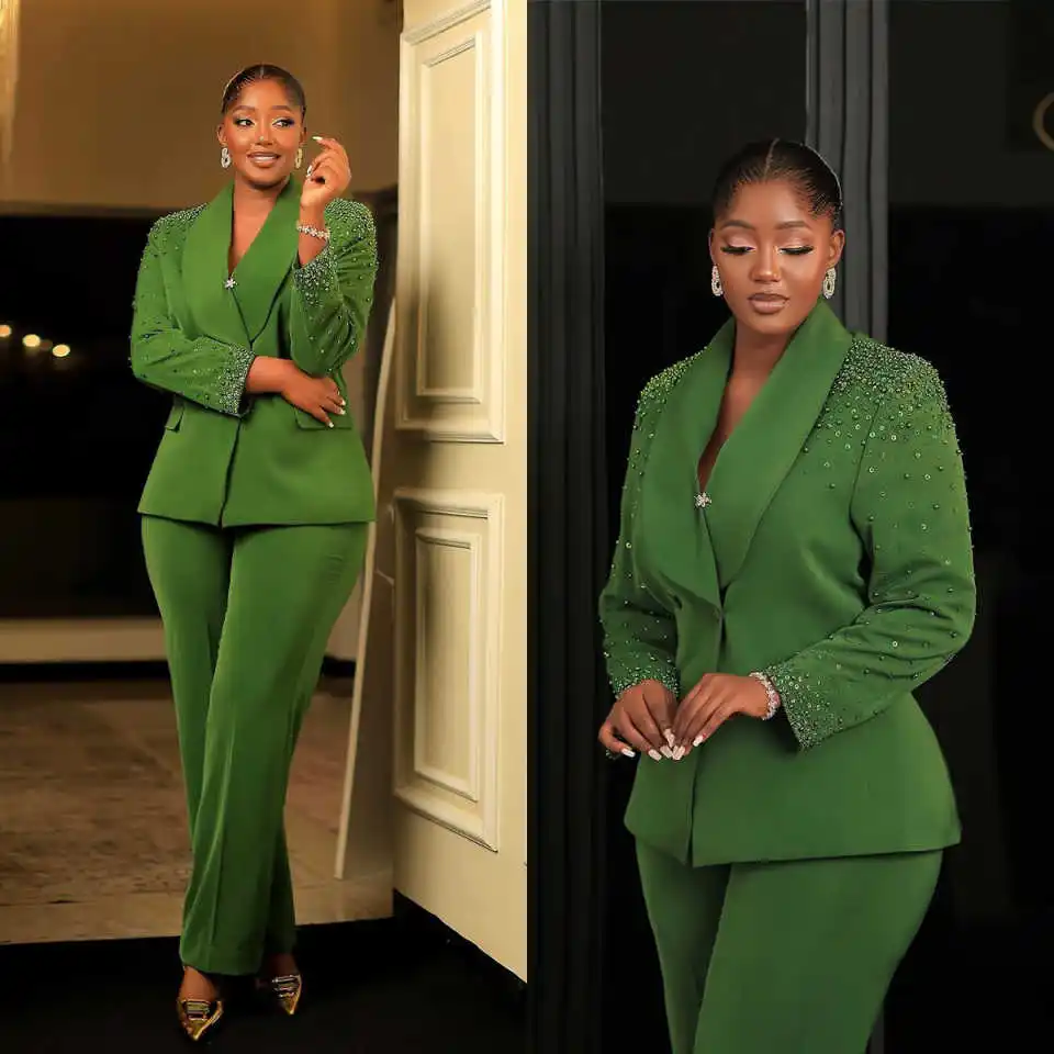 

Stylish 2 Pieces Women Suits Shawl Lapel Crystal Beadeds Jacket Blazers Evening Party Show Wear Customized