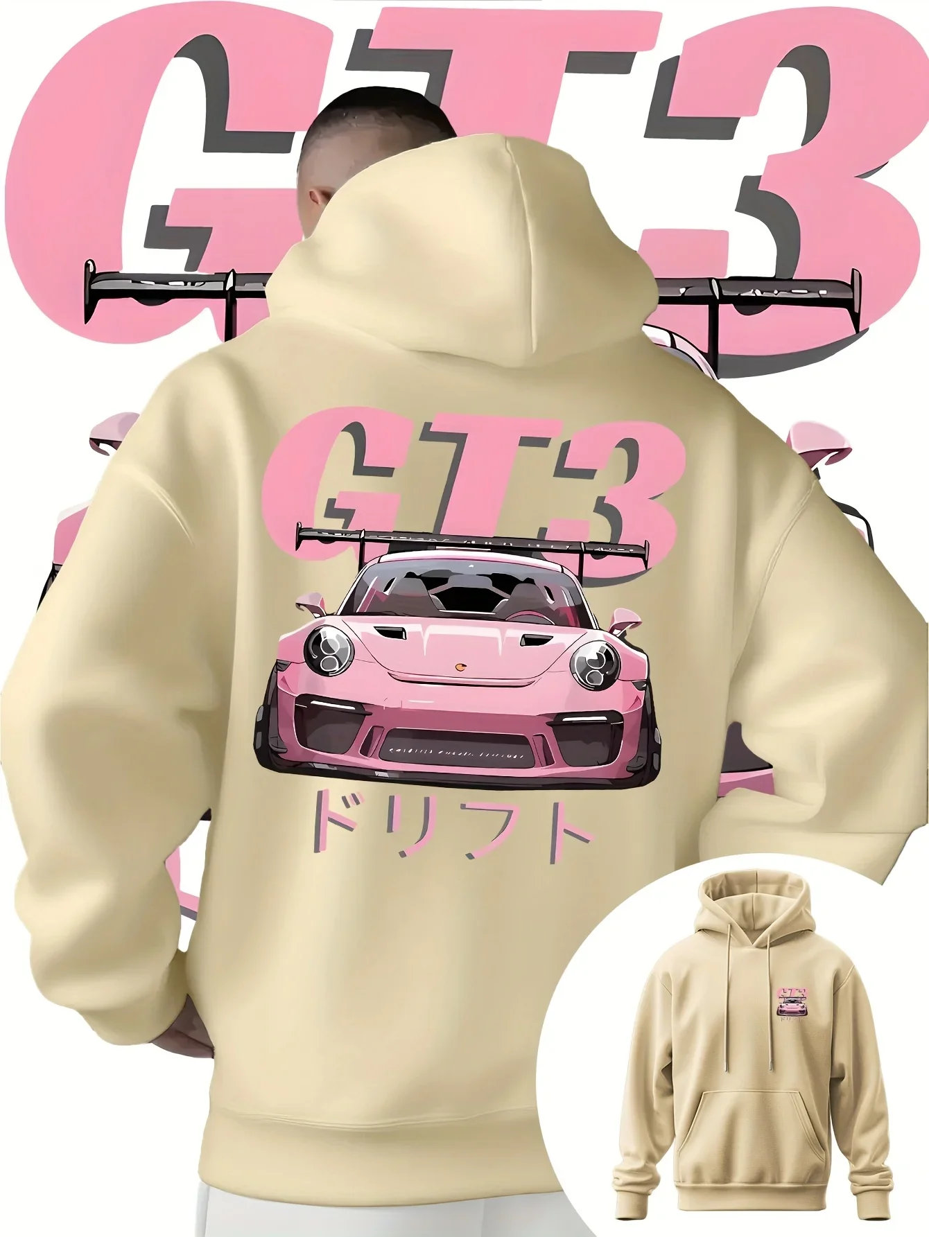 Herren-Kapuzenpullover mit GT3-Auto-Print im japanischen Design, geeignet für Herbst und Winter, trendiger Streetwear-Look, warmes und bequemes Oberteil. – Detail 3