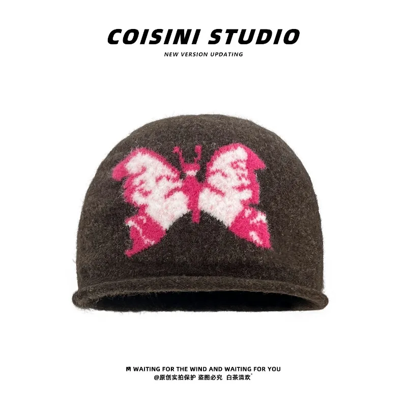 Japanese Butterfly Jacquard Knitted Hat for Men and Women Autumn and Winter Warm Ear Protection Curled Edge Skull Beanie Cap