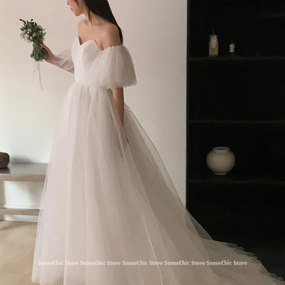 Vestidos de novia elegantes con forma de corazón, tul con hombros descubiertos, volantes, manga abombada de Corea, vestido de novia sencillo personalizado