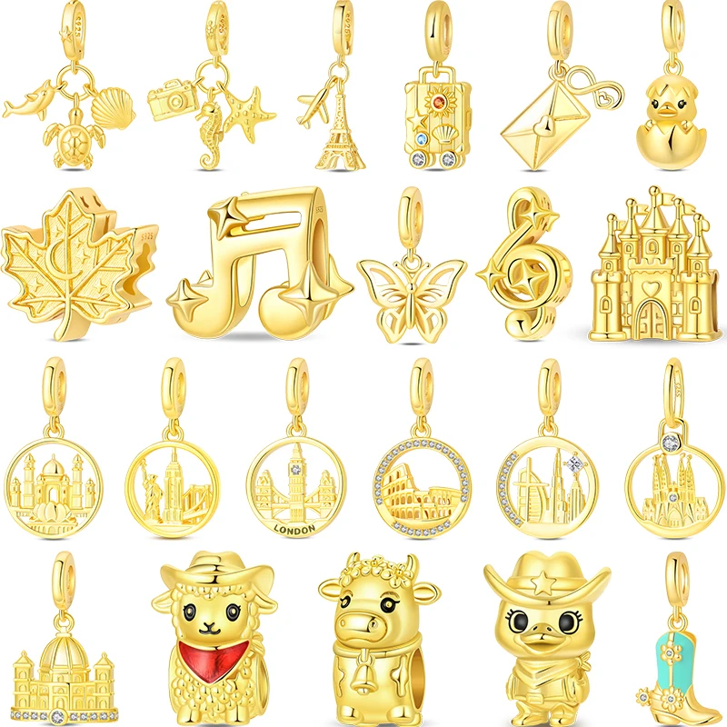 925 Sterling Silver Golden Series Music Symbol Butterfly Castle Charms Pendant Fit 3mm Original Bracelet DIY Women Jewelry Gifts