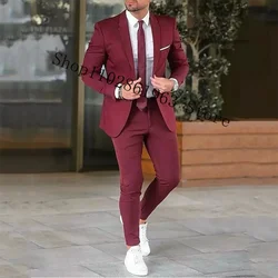 Burgundy Suits Men Blazer Slim Fit 2 Pieces Tuxedos Casual Groomsmen Wedding Suits Groom Tuexdos Jacket Pants Trajes De Hombre