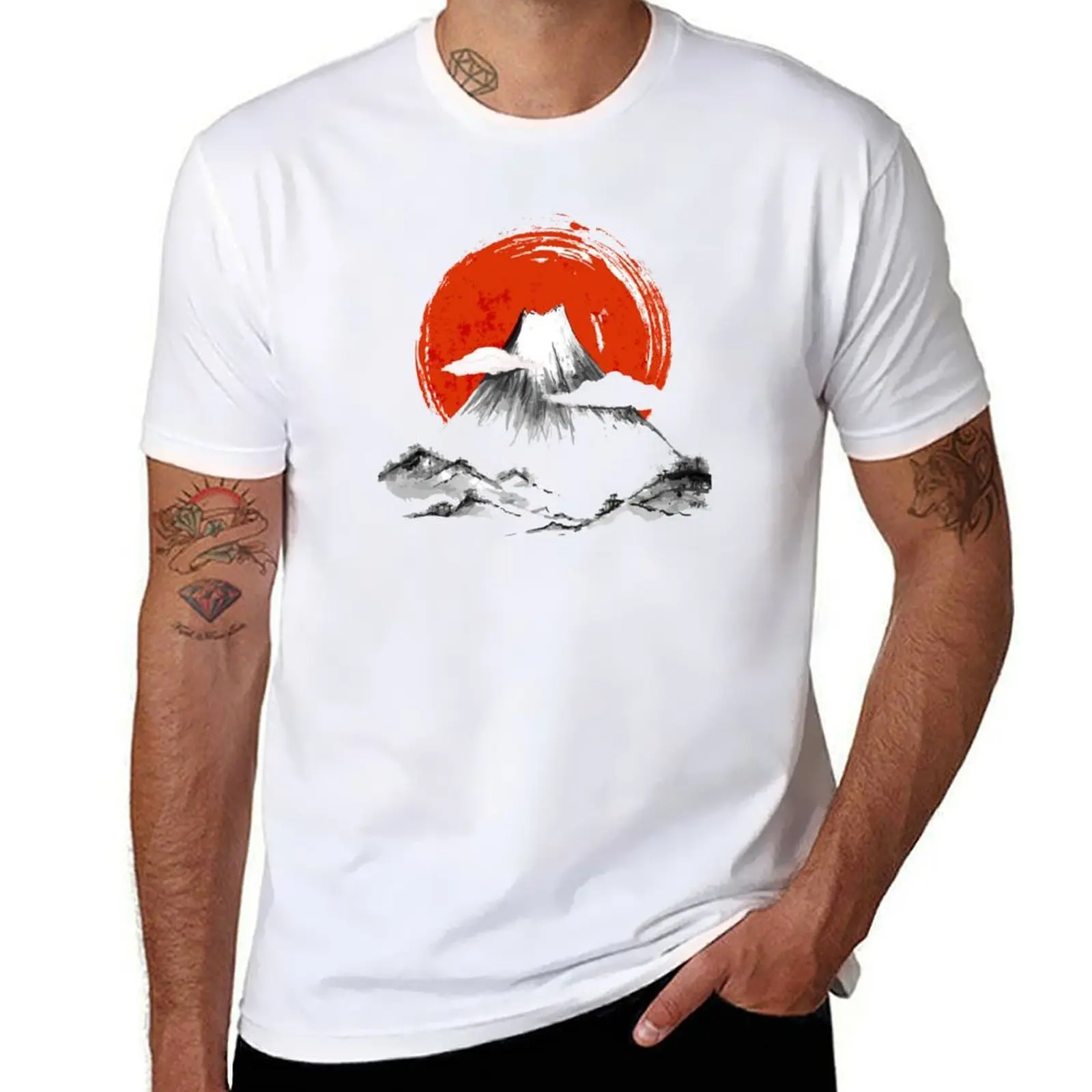 

Japan Ink - Japanese Ink Painting - Volcano with Red Background - Watercolor Painting T-Shirt cotton t shirts man 100% T-Shirt