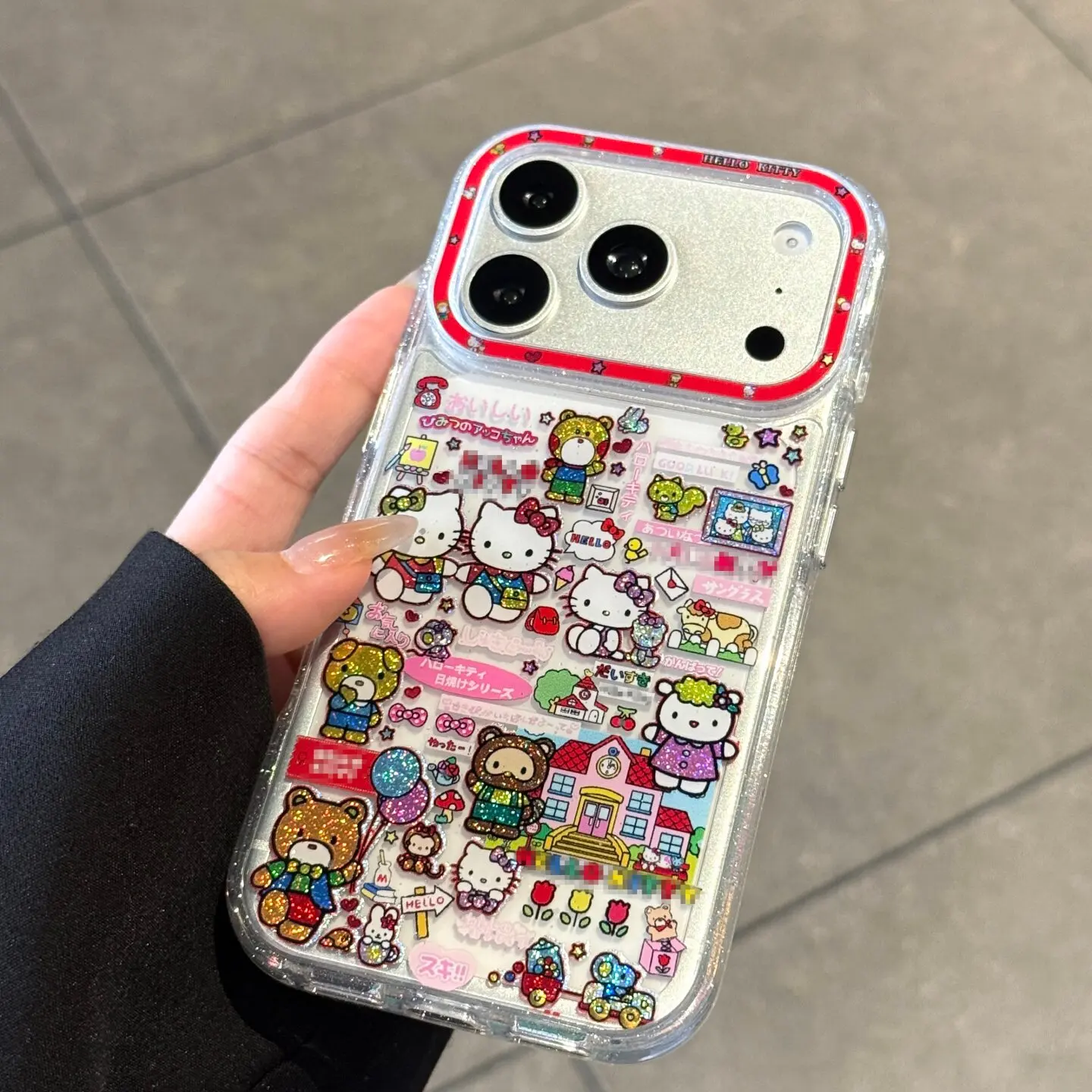 

Cute Cartoon Sanrio Hello Kittty Bear Bling Glitter Sticker Phone Case For iPhone 17 16 15 14 13 Pro Max Shockproof Hard Cover