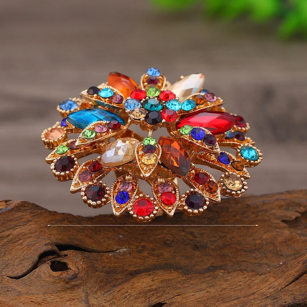 Exaggerated Retro Court Style Luxury Heavy Work Popular Flower Splendid  Crystal Adjustable Open Ring Fashion Jewelry