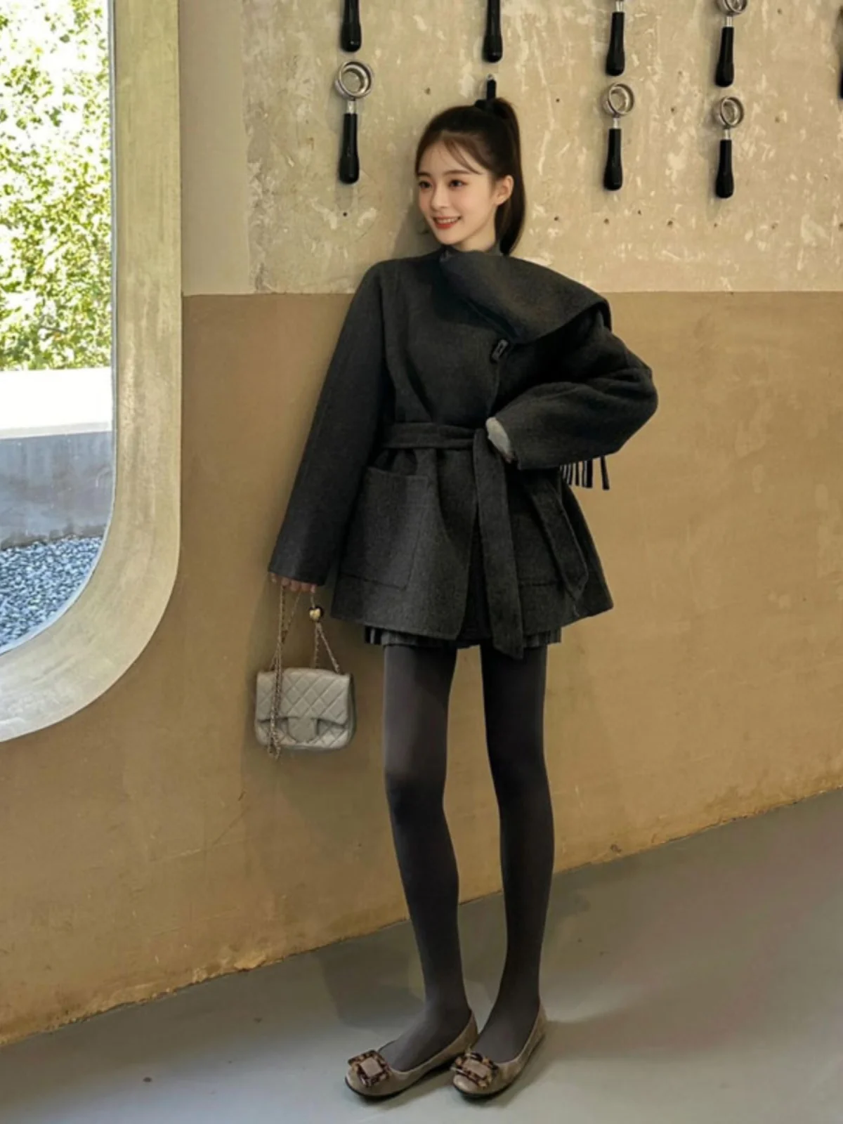 

Elegant Double-Sided Woolen Coat Korean Style Midi Length Fashionable Korean Version Spring New Arrival Clean And Simple Design