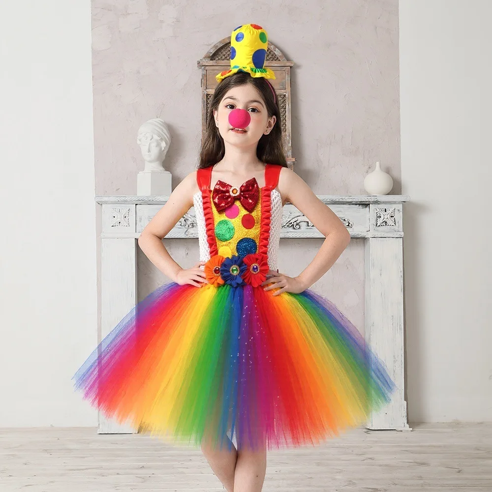 

Clown Multicolored Circus Costume for Girls Funny Joker Halloween Tutu Dress Kids Fancy Birthday Party Pageant Carnival Clothes