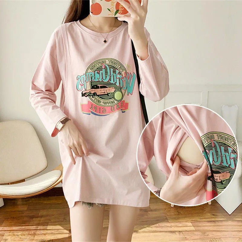 

Maternity Spring and Autumn T-shirts Long Sleeve Nursing Breastfeeding Clothes For Pregnant Women Postpartum Tees Free Shipping