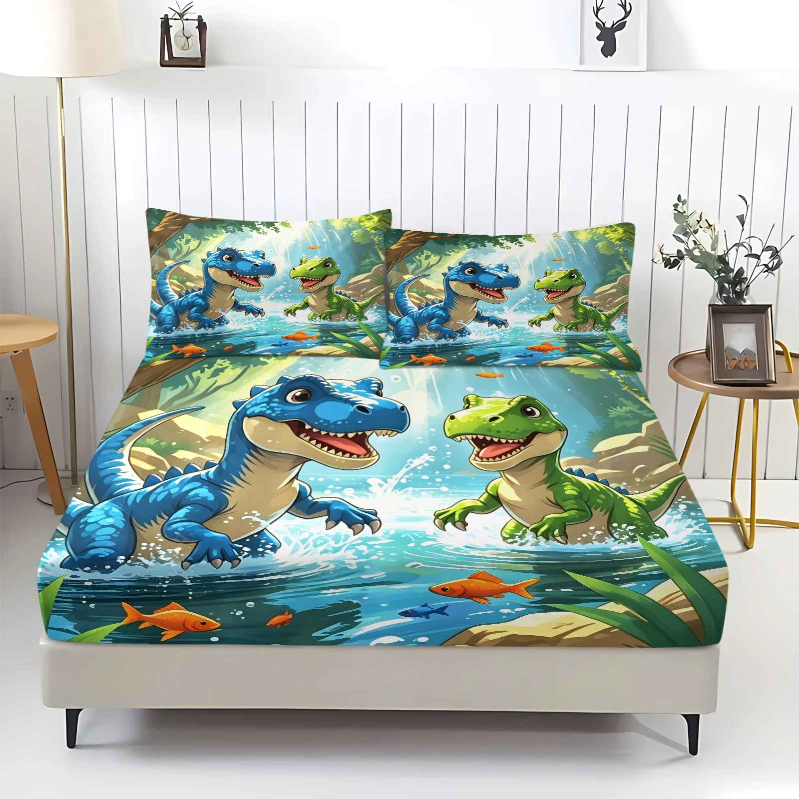 Cartoon Playful Dinosaur Fitted Sheet Set Elastic Deep‑Pocket Bed Sheet with Pillowcases Tyrannosaurus Rex Print Bedding Set