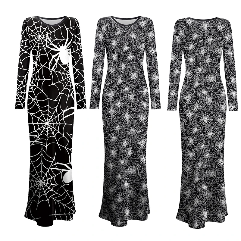 

Halloween Witch Dress Gothic Gown Long Sleeved Women Sexy Fishtail Dress Party Outfit Spider Web Pattern Black Cosplay Costume