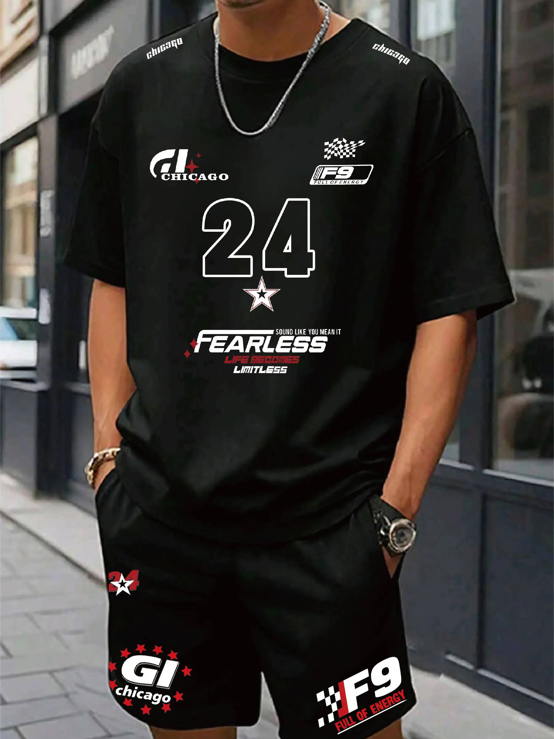 

Trendy short-sleeved T-shirt Black Number 24 with Fearless slogans Suitable for sports and leisure